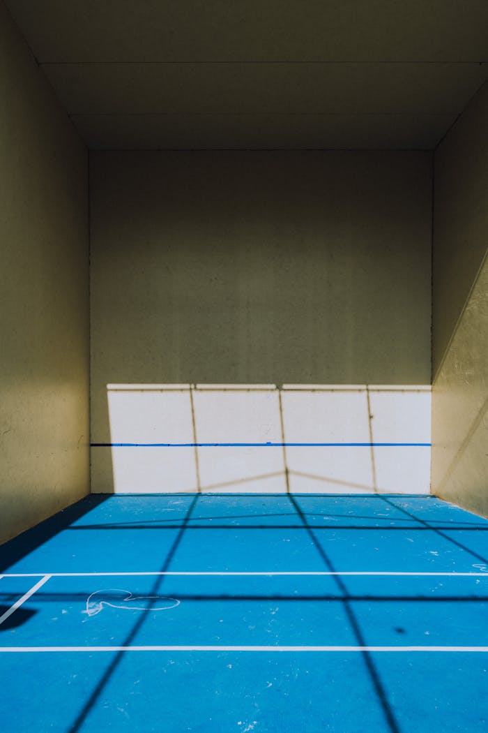 home-services-004 High contrast image of an empty indoor squash court with dramatic shadows on a blue floor.
